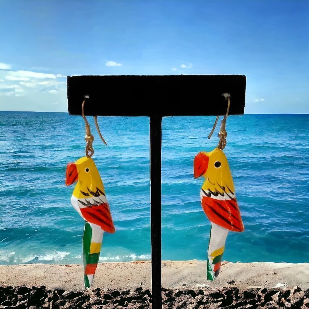 Parrot Head Wood Earrings Dangle Pierced Vintage 90s Tropical Colorful Key West.